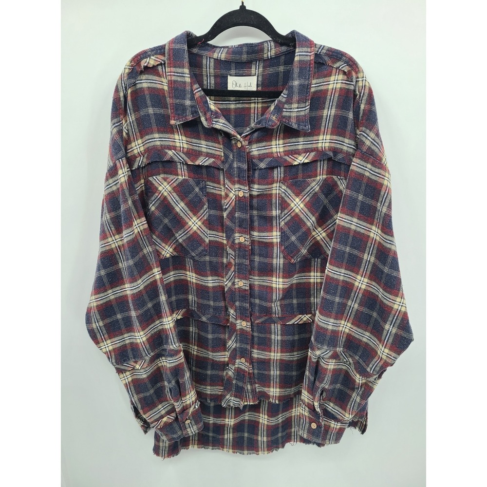 Oli & Hali Oversized Plaid Button Down Shirt XL Fringe Distressed Cabin Rustic